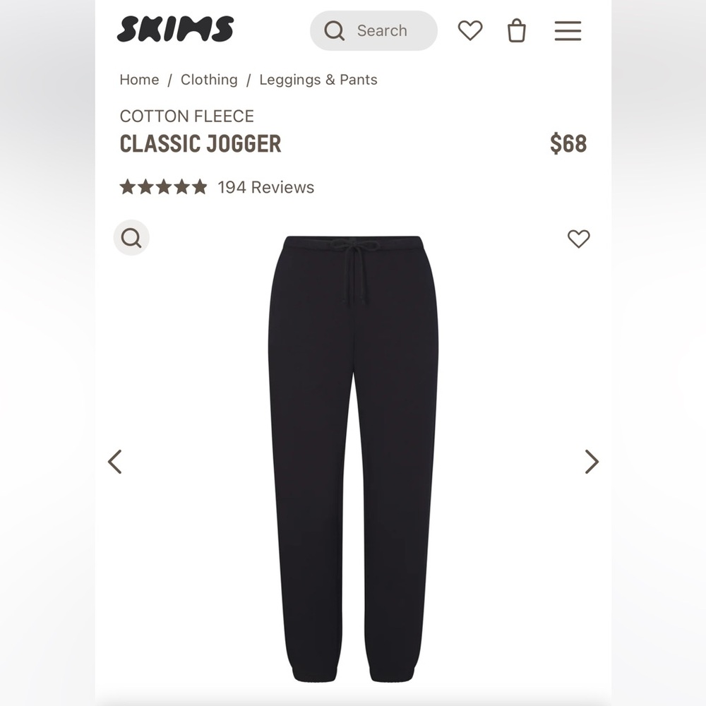 Skims cotton fleece jogger black onyx size xs NWOT